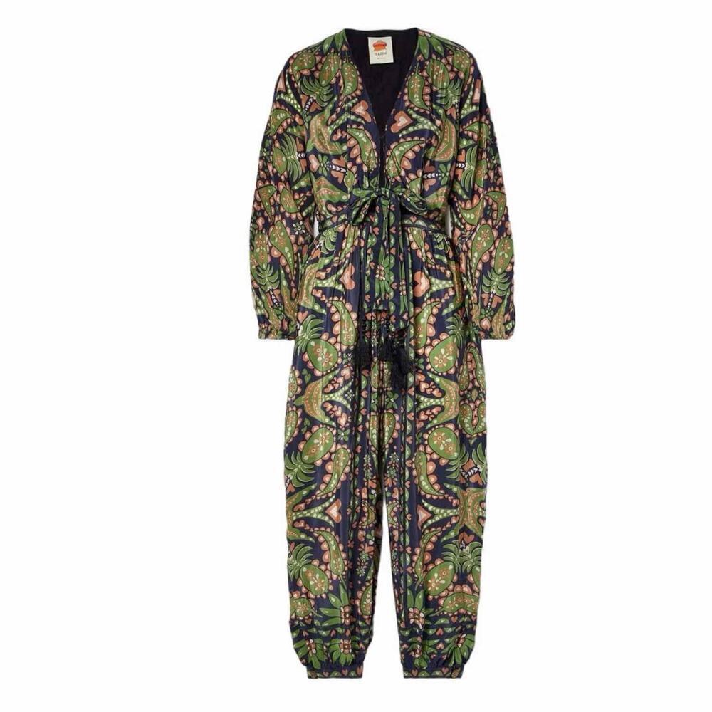 Farm Rio Black Martina Scarf V Neck Jumpsuit Size XL Casual